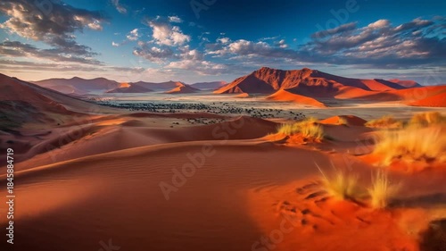 Desert landscape with red sand dunes under a blue cloudy sky