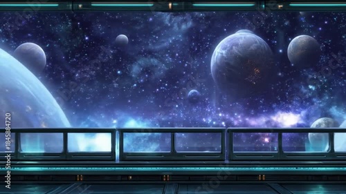 Cosmic vista planets and stars seen from a futuristic observation deck