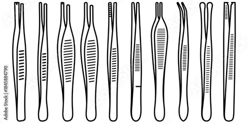 Surgical forceps and medical clamps. Sterile steel tools for surgery. Vector outline icons set.