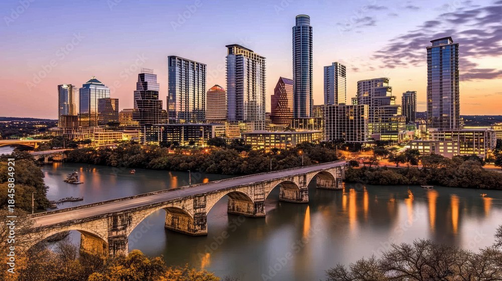 Obraz premium Historic city skyline river bridge at golden evening light, peaceful urban sunset view