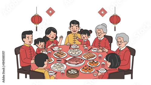 Family enjoying traditional Chinese meal during festive celebration