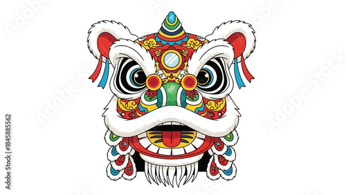 Colorful Traditional Chinese Lion Dance Mask Illustration on White Background