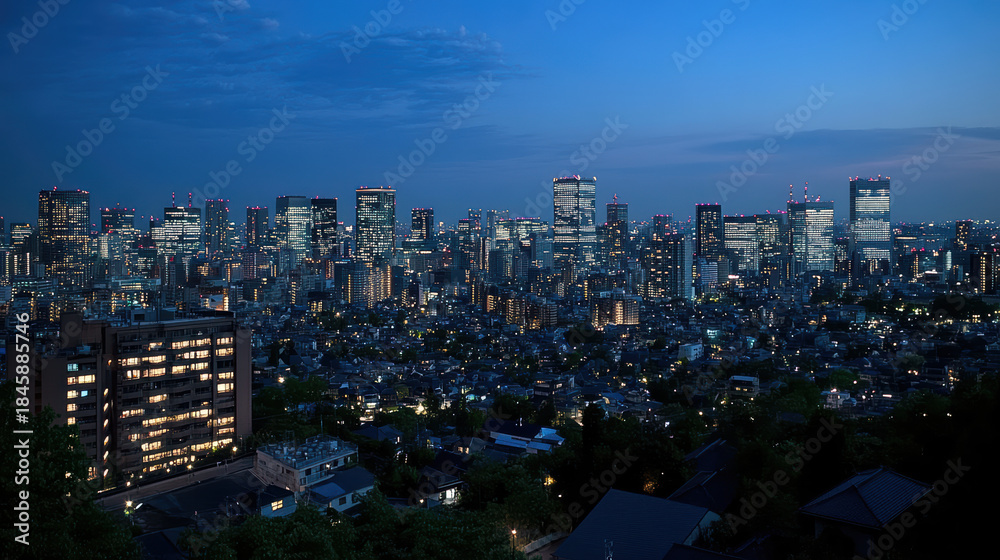 Obraz premium Night city skyline illuminated by renewable powered lights, serene twilight atmosphere