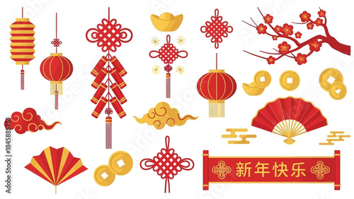 Traditional Chinese New Year Decorations with Red and Gold Elements