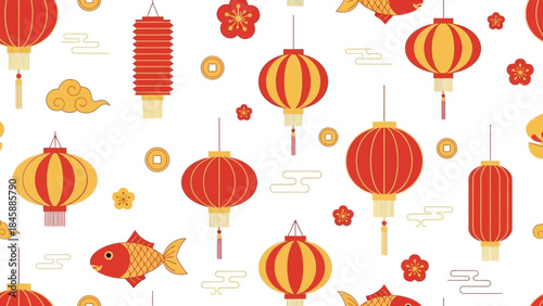 Seamless Pattern of Red and Gold Chinese Lanterns and Fish