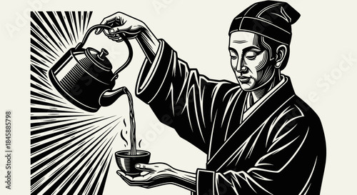 Monochromatic Illustration of a Man Pouring Tea with Focus and Precision.