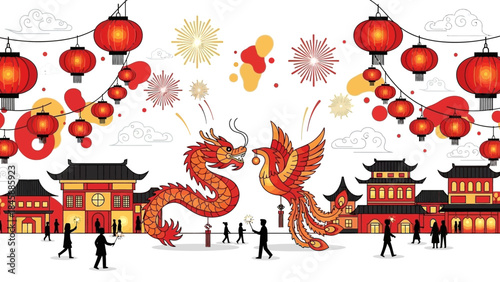 Traditional Chinese Festival with Dragon and Phoenix Decorations