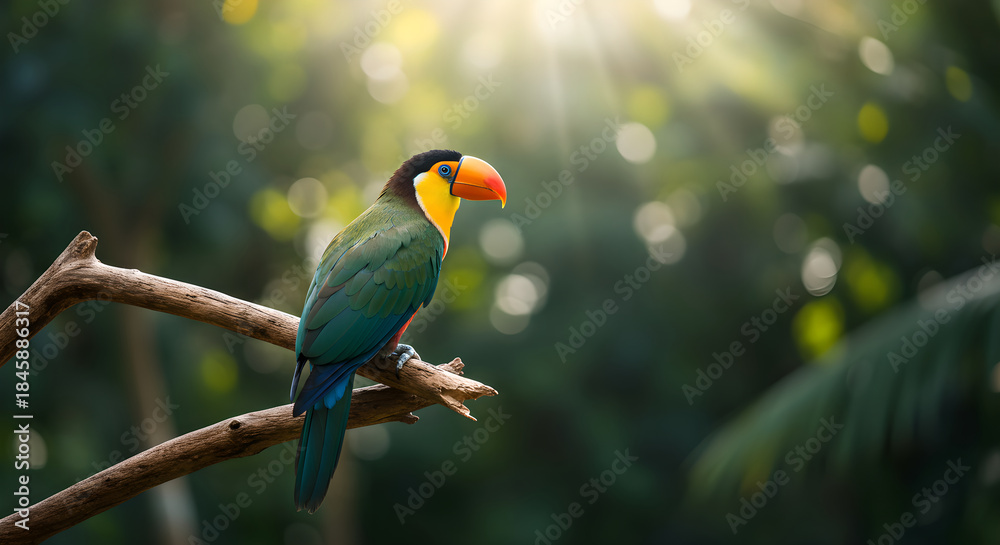 Fototapeta premium Vibrant toucan perched on wooden branch in lush rainforest setting. Exotic tropical bird with colorful feathers and striking orange beak. Wildlife habitat and biodiversity conservation concept in