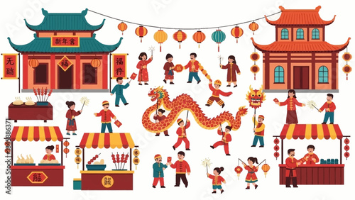 Traditional Chinese New Year Festival with Lanterns and Dragon Dance
