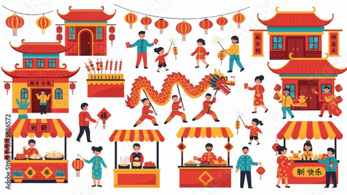 Traditional Chinese New Year Festival with Dragon Dance and Lanterns