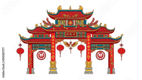 Traditional Chinese Gate with Red Lanterns and Ornate Details