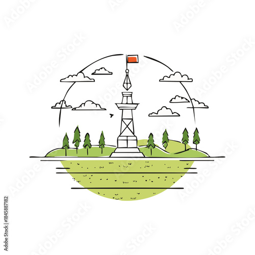 Tranquil Tower Landscape Minimalist Illustration with Evergreen Trees and Clouds