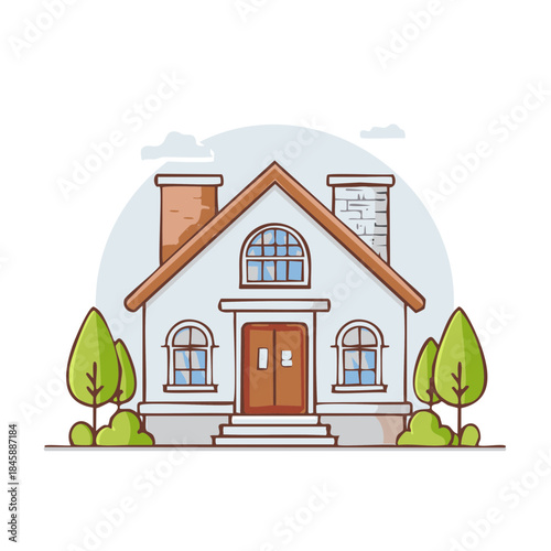 Cartoon house with trees illustration shows property investment, real estate, or family home concept in architecture
