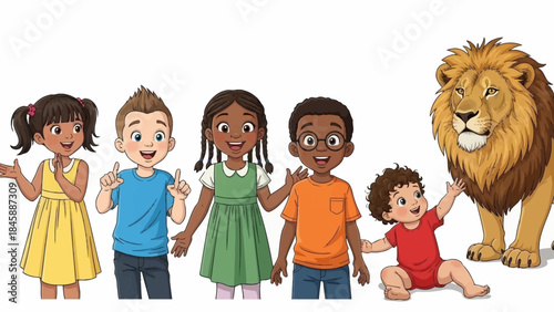 Group of Diverse Children with Lion in Cartoon Style