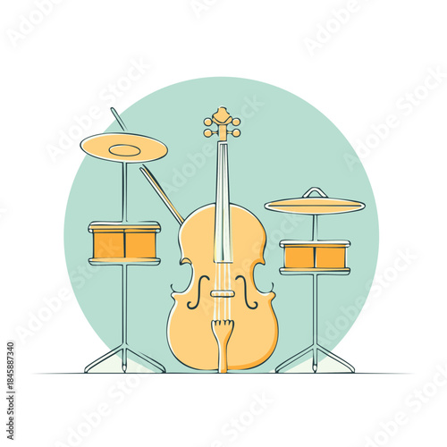 Cello and Drum Kit Colorful Illustration Music Instruments Harmony