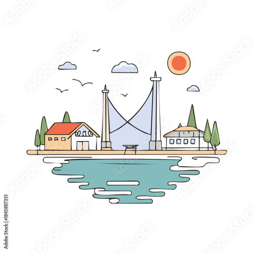 Serene Water Landscape with Architectural Elements Trees and Sunny Sky for Minimalist Art and Design Projects