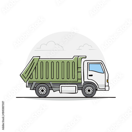Cartoon Garbage Truck Illustration, Sanitation Vehicle with Green Compactor Body, Recycling Concept Art