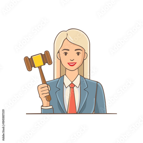Woman Holding Wooden Gavel Conducting Auction, Court Session or Legal Bidding