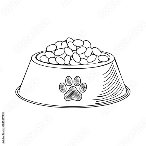 Dog bowl filled with dry food. Pet accessory with paw print, drawing sketch style