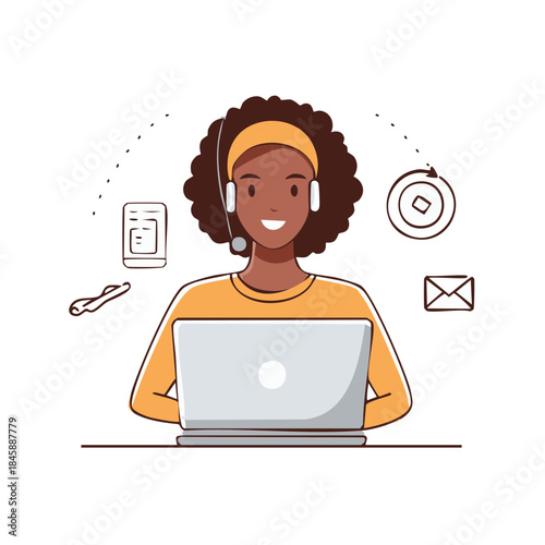 African descent woman with headset assisting customer service using laptop and drawn communication icon