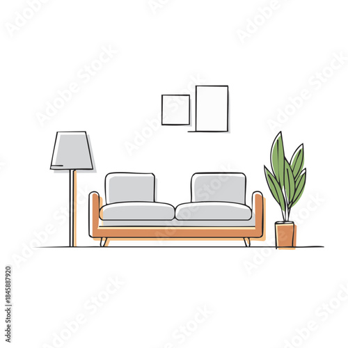 Minimalist Living Room Interior with Sofa Floor Lamp and Plant Pot Linear Design Aesthetic Home Decor