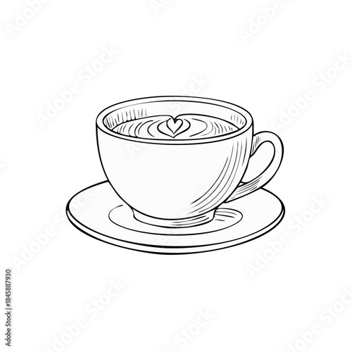 Doodle illustration of a ceramic cup on a saucer with a heart-shaped swirl pattern in the liquid, creating a charming hand-drawn sketch.