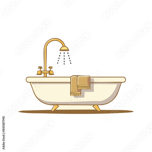 Bathtub with Golden Faucet and Towel: Bathroom Interior Illustration, Relaxing Spa Cartoon Drawing
