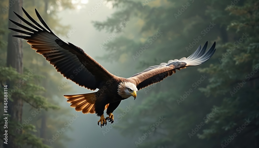 Fototapeta premium Majestic eagle bird flies over green forest. Wild predator with large wings soars with sharp talons extended. Powerful raptor hunts prey in natural habitat.