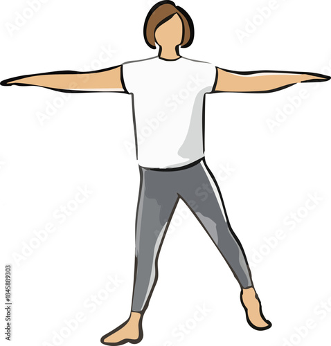 A minimalist flat illustration depicts a pregnant woman standing in a wide yoga stance with arms extended horizontally, conveying balance and calm prenatal movement.