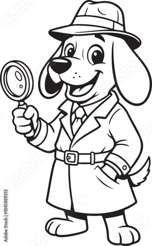 Smiling cartoon detective dog character in a fedora hat and trench coat, holding a magnifying glass, vector line art illustration.