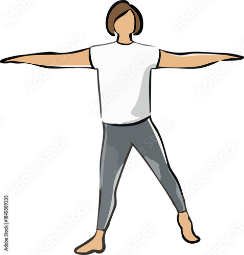 A minimalist flat illustration depicts a pregnant woman standing in a wide yoga stance with arms extended horizontally, conveying balance and calm prenatal movement.