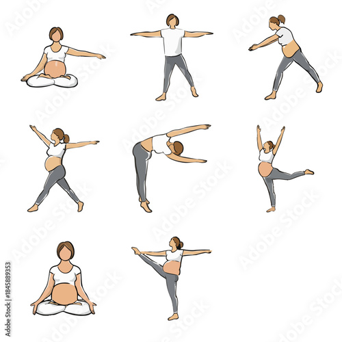 A flat minimalist illustration set shows a pregnant woman performing various prenatal yoga poses, arranged as individual figures on a dark background to highlight movement and balance.