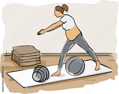 A flat illustration depicts a pregnant woman practicing a gentle prenatal yoga balance exercise using props like blocks and a yoga wheel in a calm indoor studio.