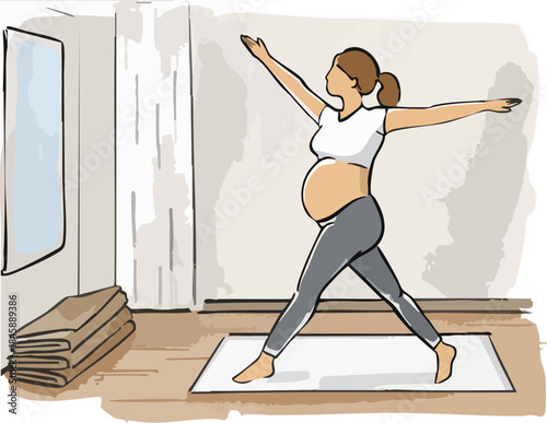 A flat illustration shows a pregnant woman practicing a gentle prenatal yoga standing pose on a mat in a calm indoor studio environment.