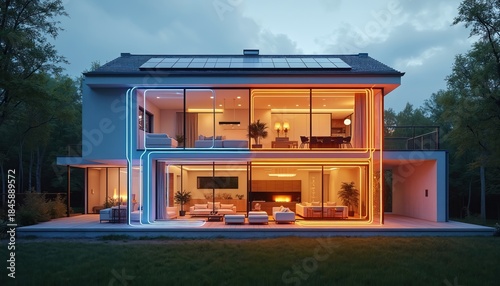 Modern house with solar panels and smart heating system. Rooms glow with blue and orange light indicating temperature zones. Luxury eco-friendly dwelling exterior at dusk.