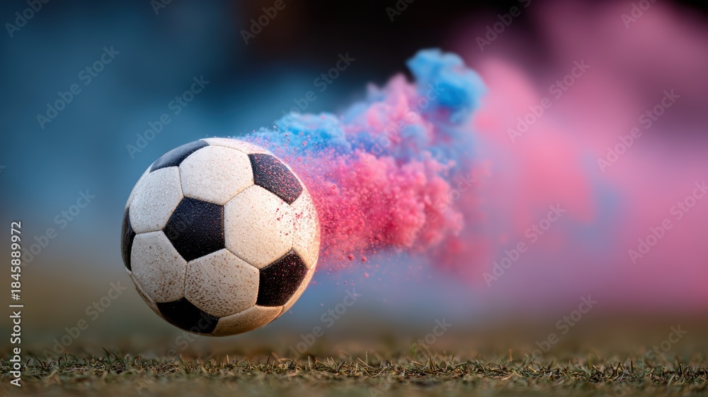 Naklejka premium A soccer ball is in motion, creating dynamic swirls of colored smoke, representing energy, passion, and excitement associated with sports and outdoor activities.