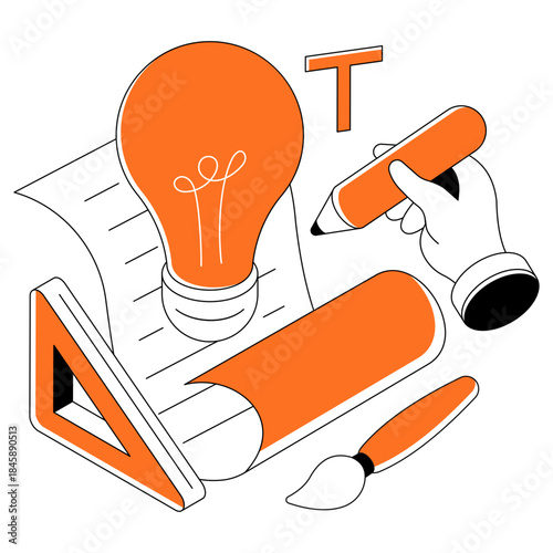 Pencil with lightbulb, isometric isometric design of creative writing illustration