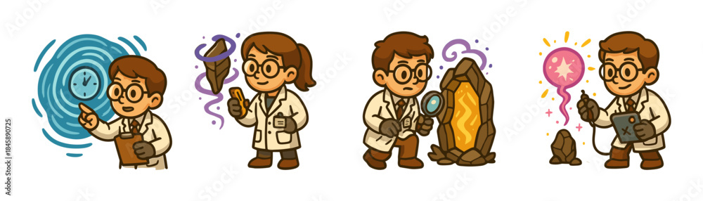 Fototapeta premium Scientist character cartoon icons set, kid experiments magic crystals