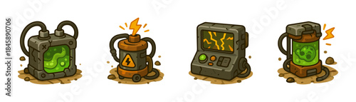 Postapocalyptic toxic reactors cartoon icons set, radioactive canisters hazard monitors