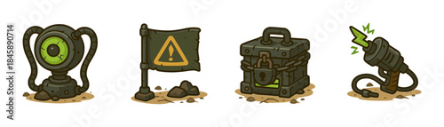 Postapocalyptic hazard devices cartoon icons set, warning flag energy blaster