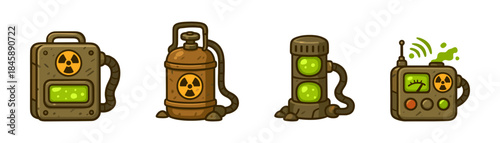 Radioactive containers cartoon icons set, toxic canisters hazard devices