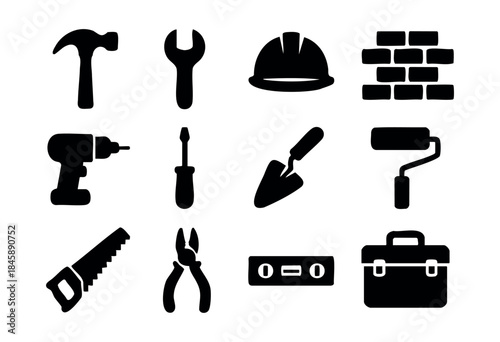 A comprehensive set of black silhouette icons representing essential construction, DIY, and home improvement tools on a white background — stock vector.