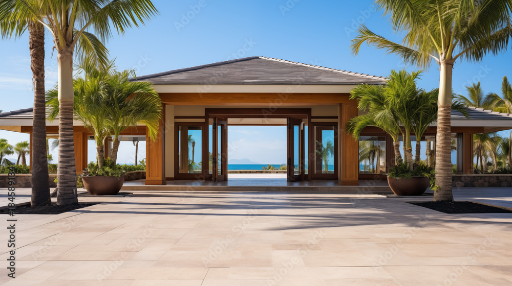 Fototapeta premium Moden luxury large house with a pool in the backyard. The pool is surrounded by a lush green tree