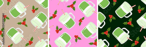 matcha christmas drink seamless pattern set holiday background holly berry and coffee cup illustration winter season repeat design festive tea