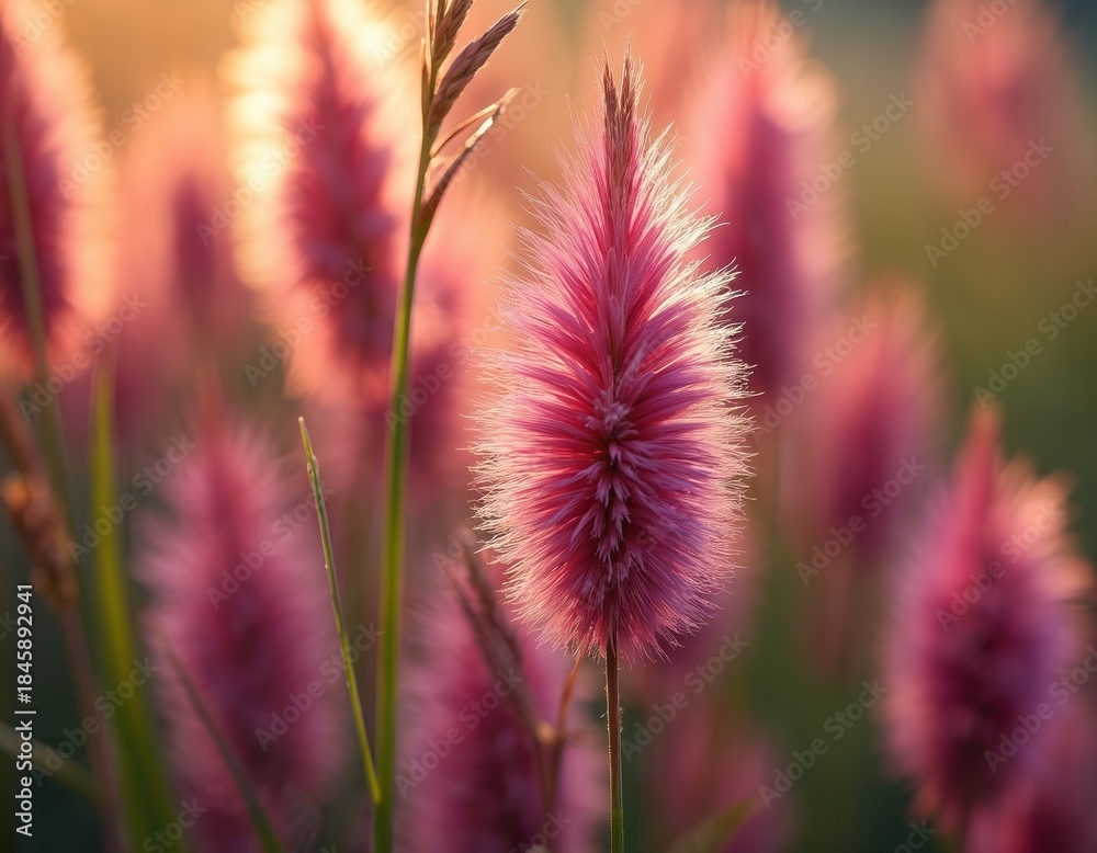 Obraz premium Pink fluffy grass plumes gently sway in soft sunset light creating a peaceful natural scene. Delicate wildflowers with feathery heads. Beauty in nature detail.