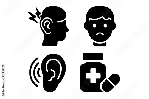 Symptoms of earache, hearing loss, sickness, and medical treatment concepts