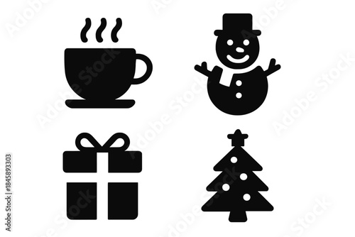 Set of four black silhouette icons for winter holidays featuring a steaming cup snowman present and Christmas tree
