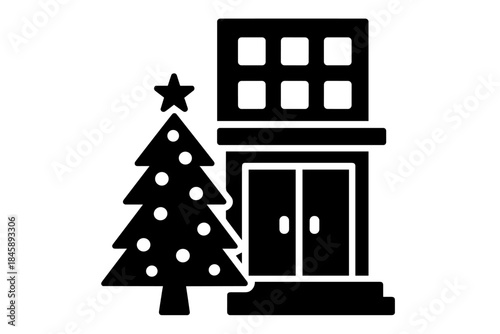 Storefront building and decorated Christmas tree symbolizing holiday shopping