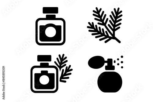 Black symbols representing natural perfume, fragrance, essential oil, and cosmetic products