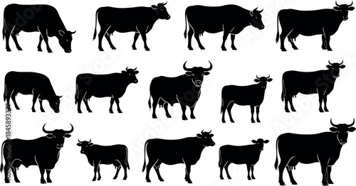 Collection of black cow silhouettes in various poses